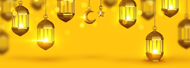 Yellow Background 3d design is arabian vintage decorative hanging lamp are on fire. Decoration light lantern, gold stars on ribbon and golden crescent moon. horizontal banner, web poster template