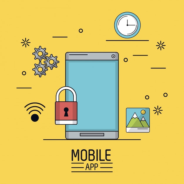 Yellow background poster of mobile app with smartphone