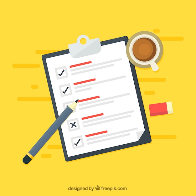 Yellow background with checklist and coffee cup