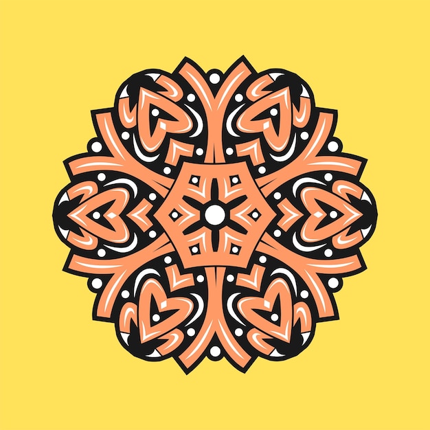 A yellow background with a design in orange and black.