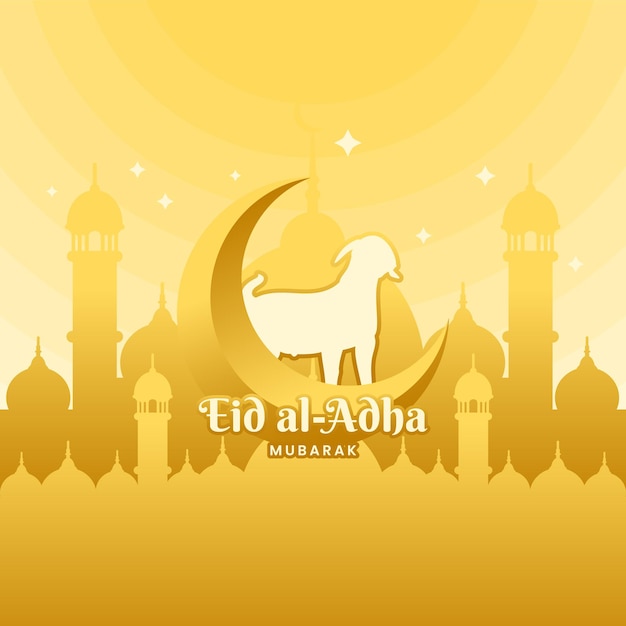 A yellow background with a gold moon and a gold sheep and a crescent moon