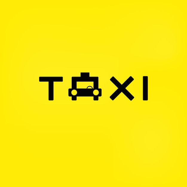 로고가 있는 노란색 배경, 검은색 자동차 및 택시라는 단어