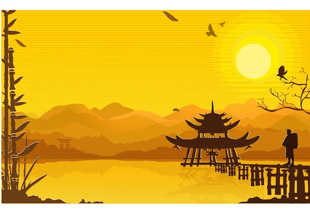 A yellow background with a pagoda and a lake with a sunset in the background