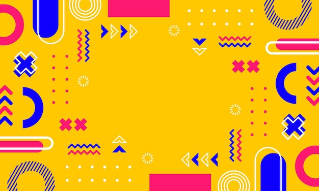 a yellow background with a pink and blue design