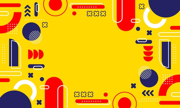 a yellow background with a red and blue design