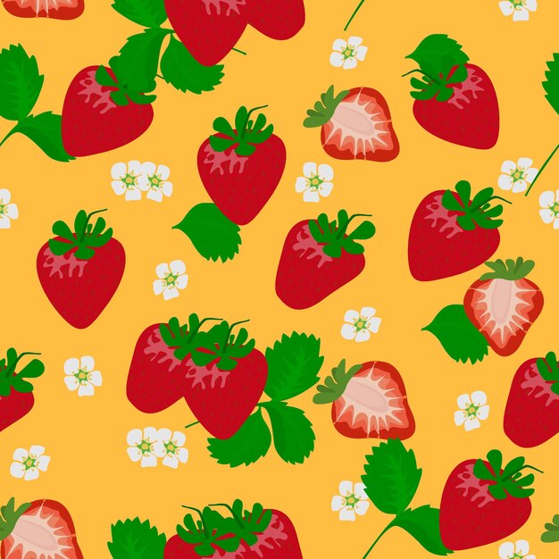 A yellow background with red strawberries and white flowers.