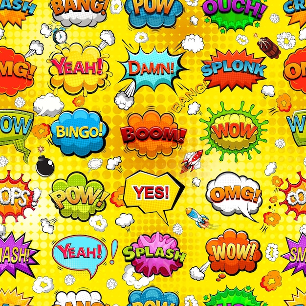 Yellow background with a repeating pattern of comic speech bubbles vector graphic design