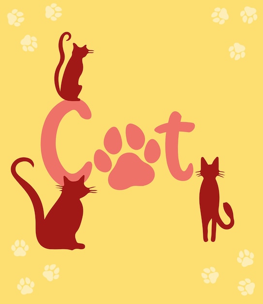 Vector a yellow background with three cats and a cat with the word cutout on it.