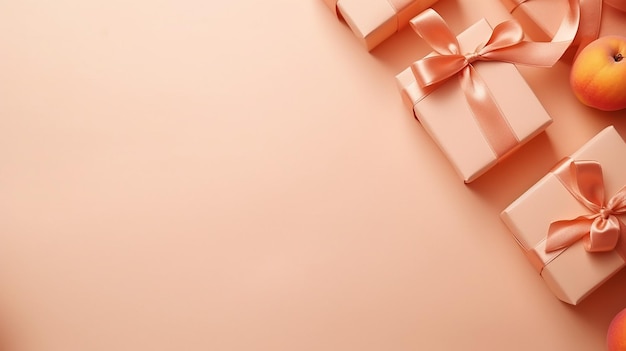 黄色い背景のクリスマスオレンジのギフトボックスと金色のリボンボウを上から見てメリークリスマスハッピー・ニューイヤーブラック・フライデーのシーズン横横横のバナーウェブサイトベクトルイラスト