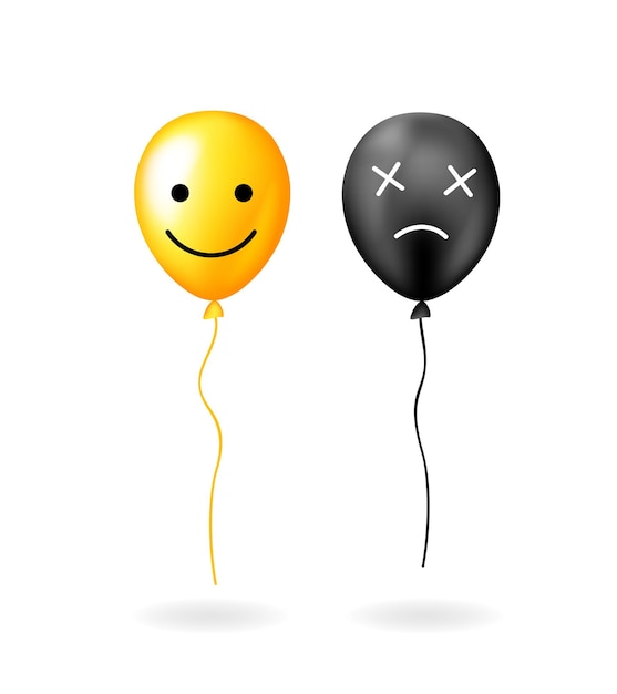 Вектор Желтый шар с улыбающимся позитивным лицом и черный шар с негативным лицом