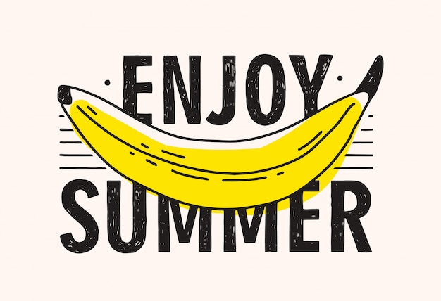 Yellow banana and enjoy summer lettering handwritten with modern calligraphic font.