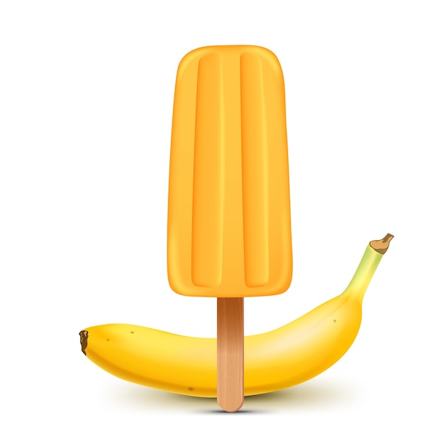 Yellow banana ice cream with popsicle stick realistic