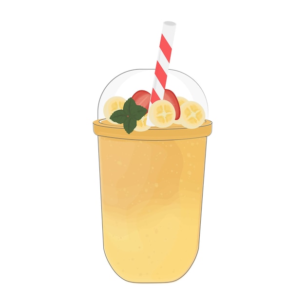 Yellow banana milk shake smoothie illustration logo in a plastic cup