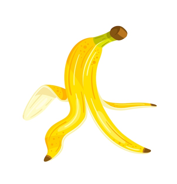 Buccia di banana gialla in stile cartone animato. design piatto. buccia di banana isolato su sfondo bianco.