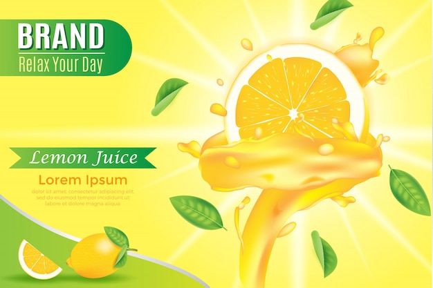 Yellow banner template liquid juicy swirled on orange slice realistic illustration