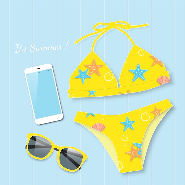 Vector yellow bikini with sunglasses summer vector concept.