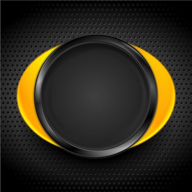 暗い穴が開いた背景の黄色い黒い光沢のある円のフレーム 抽象的な技術 未来的なリング ベクトルデザイン