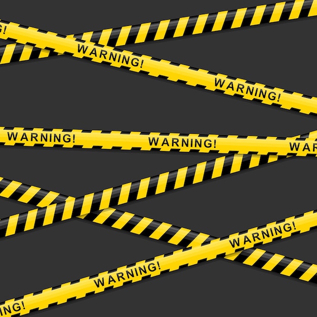 Желтые и черные предупреждающие ленты с текстовым предупреждением на белом фоне. Линия изоляции полиции, признаки опасности, не пересекать, осторожность. Лента строительная баррикада. Векторная иллюстрация