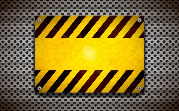 Yellow blank warning sign template on metallic grid, industrial background