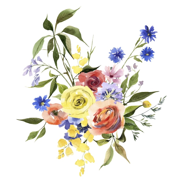 Vector yellow blue red roses and wildflowers bouquet watercolor flowers