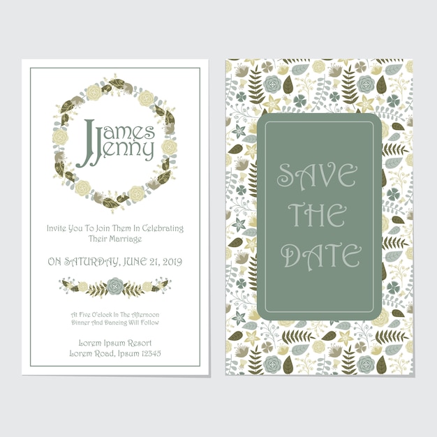 Yellow and blue roses wreath wedding invitation design