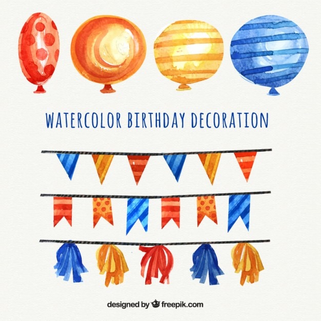 Yellow and blue watercolor balloons and garlands