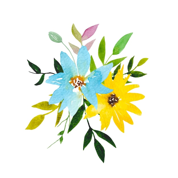 Vettore acquerello blu giallo fiore clipart arranco floreale con foglie di fiori