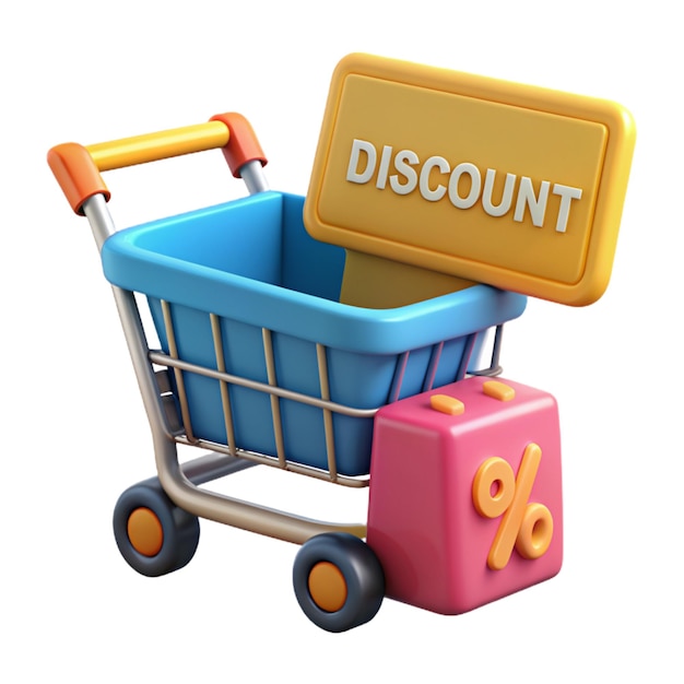 A yellow box that says discount is on the top of a shopping cart