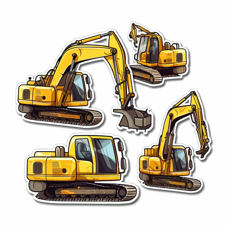 Vector a yellow bulldozer is shown with other machines.