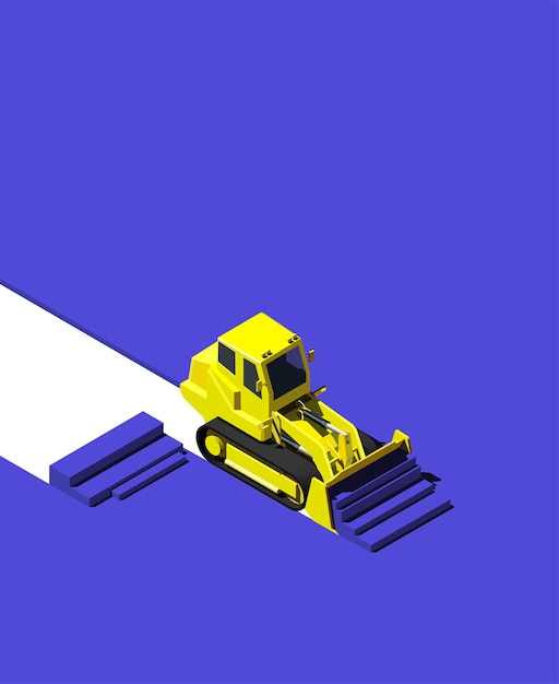 Vettore bulldozer giallo che spinge il terreno blu