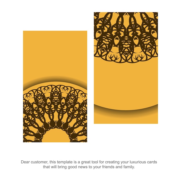 Yellow business card with luxurious brown ornament for your contacts.