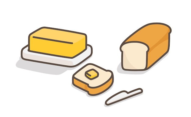 Желтое масло и нарезанный хлеб каваи каракули плоские мультяшные векторные иллюстрации