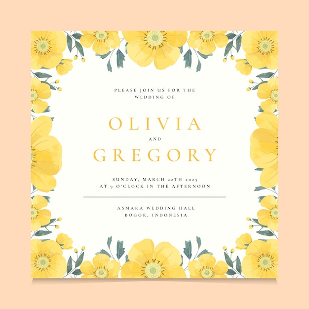 Vector yellow buttercup flower wedding invitation template