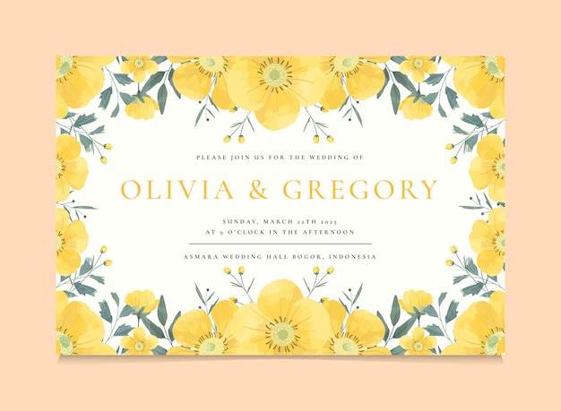 Vector yellow buttercup flower wedding invitation template