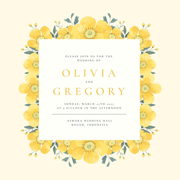 Yellow Buttercup Flower Wedding Invitation Template