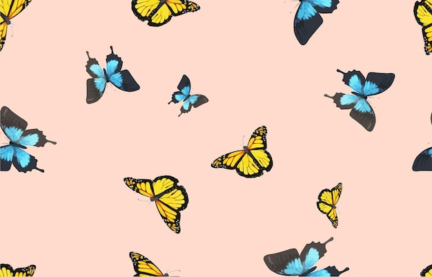 Yellow butterfly pattern blue butterfly seamless on light blue background