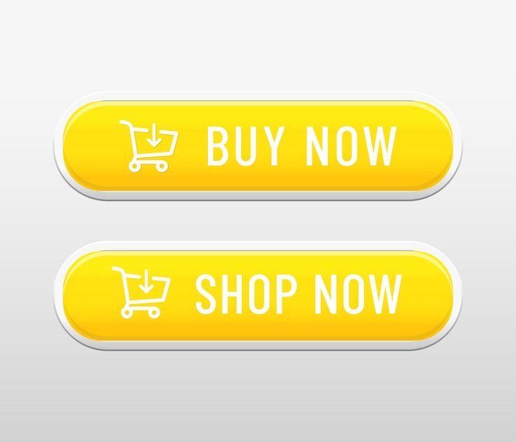 Vector yellow buy and shop now buttons with white text and cart icon