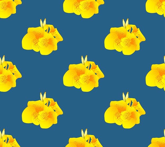 Yellow Canna Lily Flower Seamless on Indigo Blue Background