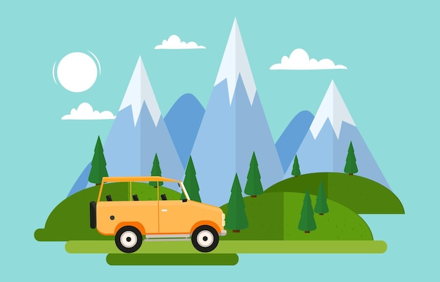 Vector yellow car is driving along forest with huge mountains on light blue background concept of people