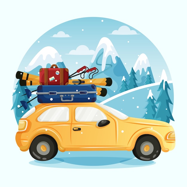 Vector yellow car with two multi-colored suitcases and skis on the roof on the background of the mountains