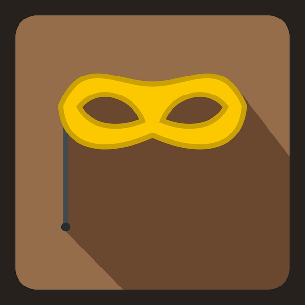 Yellow carnival mask on stick icon in flat style on a coffee background vector illustration