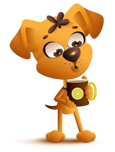 Vector yellow cartoon dog drinks hot tea with lemon