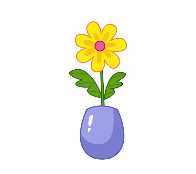 紫色の土鍋で黄色のカモミールアウトラインと漫画の幼稚なスタイルのベクトル図
