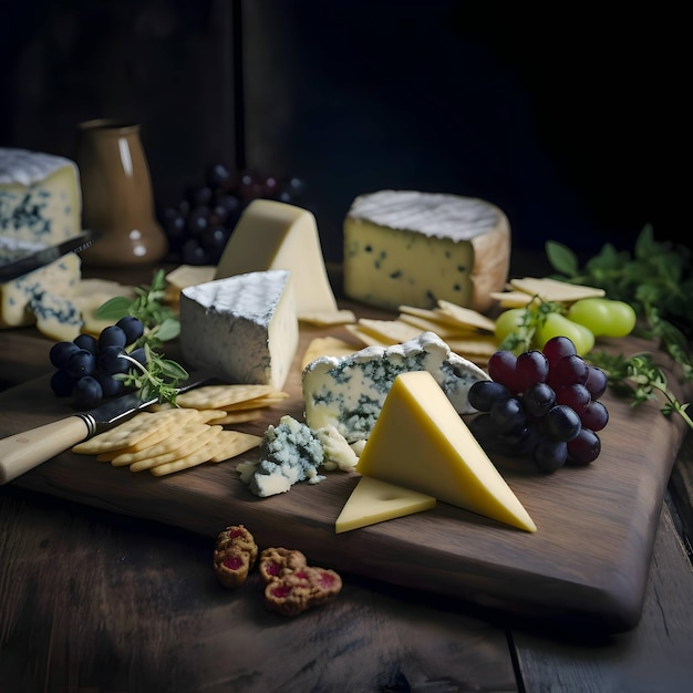 Yellow cheese grapes and cookies on a cutting kitchen wooden board