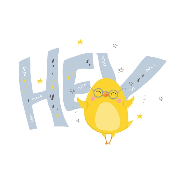 Yellow chicken character, hey, print, logo for t-shirt and other