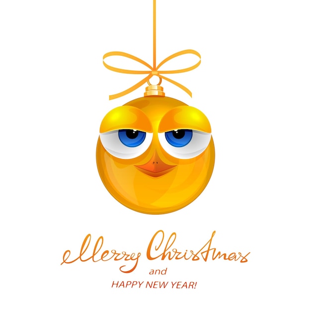 Yellow Christmas ball as a chicken on white background. Holiday lettering Merry Christmas and Happy New Year, illustration.