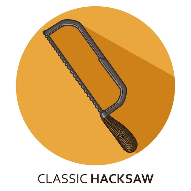 A yellow circle with a classic hacksaw logo