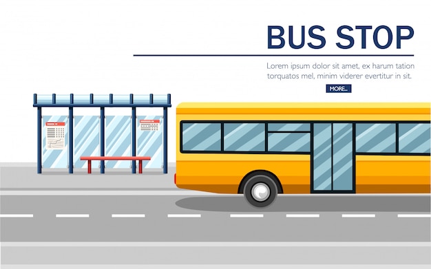 黄色の市バス。公共交通機関のイラスト。バス停と道路。白い背景の上のフラットなデザインスタイル。ウェブサイトや広告のための公共交通機関の概念設計