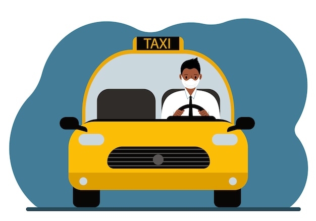 黄色い市のタクシー車。シャツ、ネクタイ、医療用マスクを着た男性が運転しています。前景。ベクトルフラットイラスト