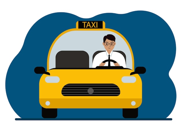 노란색 도시 택시 자동차입니다. 운전석에서 운전사는 셔츠와 넥타이를 입은 남자입니다. 전경. 벡터